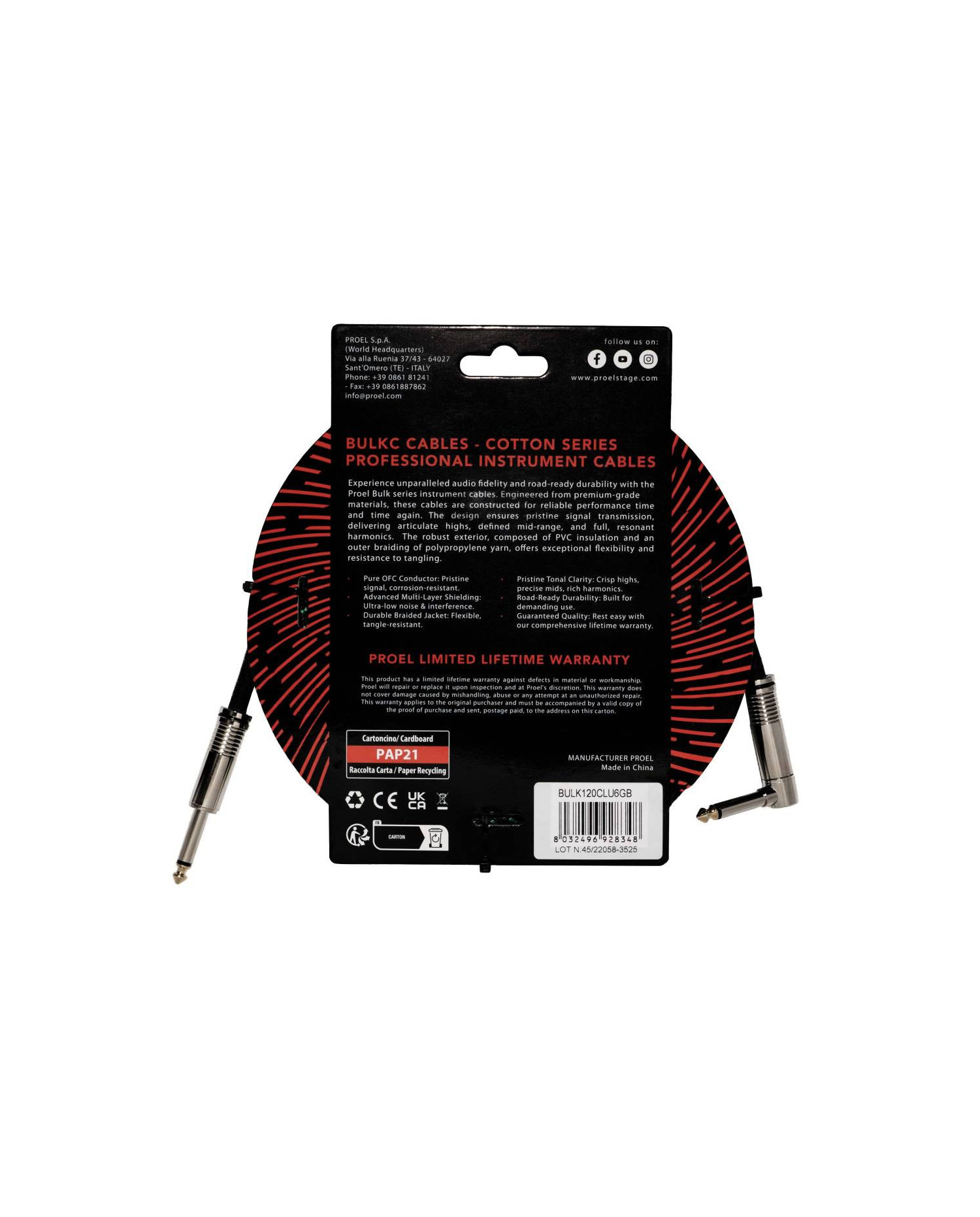 Proel BULK120CLU6GB Jack-Jack - Cablu Instrument 6m