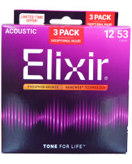 Elixir Nanoweb Ph/Bronze 12-53 3 Pack - Pachet 3 seturi corzi chitara acustica